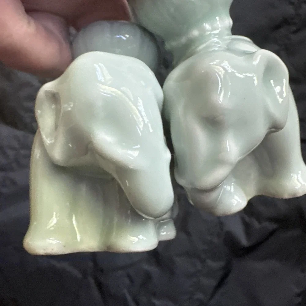 Chinese Elephant Candle‎ Holders Celadon Glaze Pottery Set Of 2 Vintage MCM Aqua